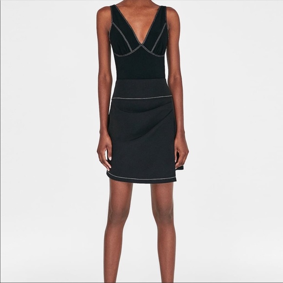Zara black white topstitch Bodysuit Top NWT L - Picture 1 of 6